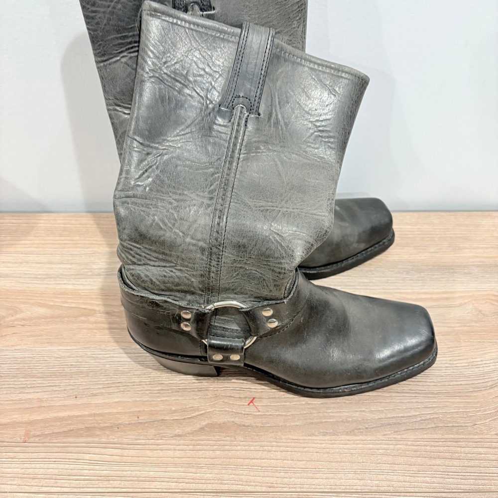 Frye Harness 12R Boots Womens Grey size 7.5 Leather Moto Biker Square Toe